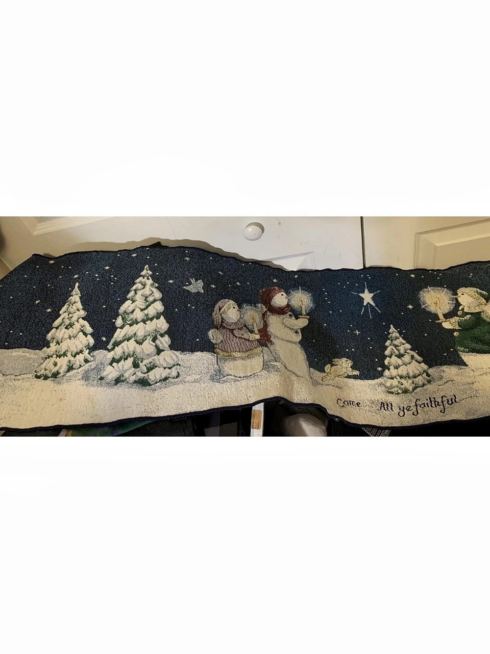 VTG Tapestry Christmas Table Runner Come All Ye Faithful Sandi Gore Evans Snow